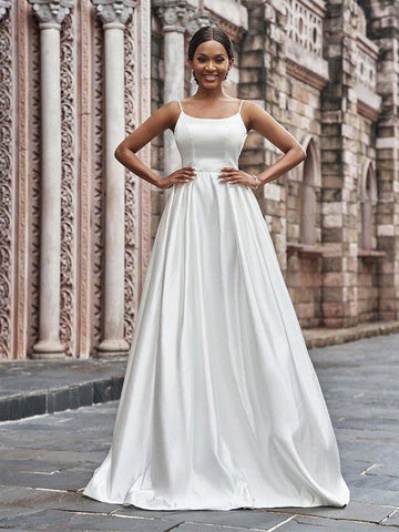 A-Linie/Princess-Linie Satin Spaghettiträger Rüschen Ärmellos Sweep/Pinsel zug Brautkleider