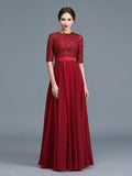 Vestidos de mãe da noiva em corte princesa, decote redondo, mangas 1/2, aplicações em chiffon, comprimento até ao chão