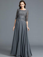 A-Line/Princess Scoop 1/2 Sleeves Chiffon Floor-Length Mother of the Bride Dresses