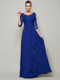 Abito da Sposa per la Madre della Sposa in Chiffon Lungo con Pizzo, Manica 3/4, Scollo a Cuore e Linea A/Principessa