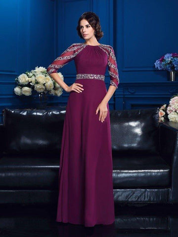 A-Linie/Princess-Linie U-Ausschnitt Perlen verziert 3/4 Ärmel Lang Chiffon Brautmutterkleider