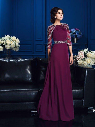 A-Linie/Princess-Linie U-Ausschnitt Perlen verziert 3/4 Ärmel Lang Chiffon Brautmutterkleider