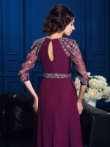 A-Linie/Princess-Linie U-Ausschnitt Perlen verziert 3/4 Ärmel Lang Chiffon Brautmutterkleider