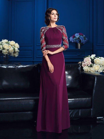 A-Linie/Princess-Linie U-Ausschnitt Perlen verziert 3/4 Ärmel Lang Chiffon Brautmutterkleider