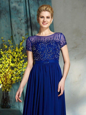 A-Linie/Princess-Linie U-Ausschnitt Perlen verziert Kurze Ärmel Lang Chiffon Brautmutterkleider