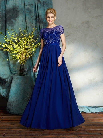 A-Linie/Princess-Linie U-Ausschnitt Perlen verziert Kurze Ärmel Lang Chiffon Brautmutterkleider