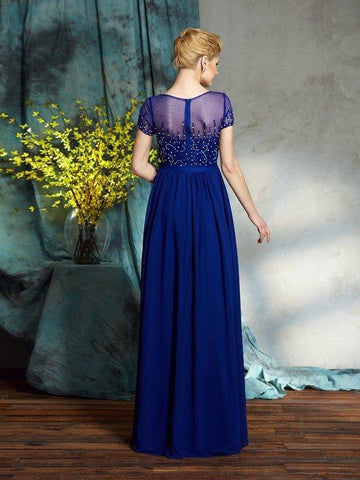 A-Linie/Princess-Linie U-Ausschnitt Perlen verziert Kurze Ärmel Lang Chiffon Brautmutterkleider