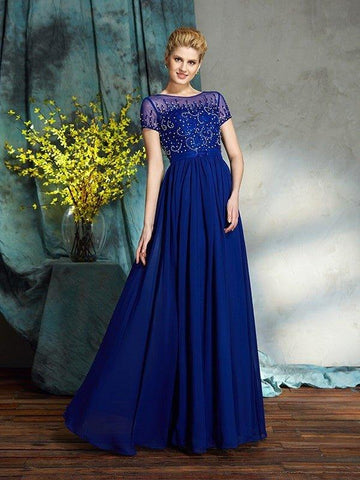A-Linie/Princess-Linie U-Ausschnitt Perlen verziert Kurze Ärmel Lang Chiffon Brautmutterkleider