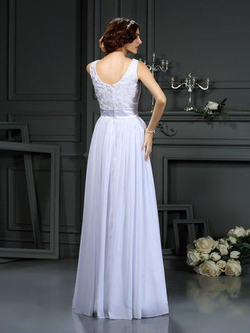 A-Linie/Princess-Linie U-Ausschnitt Spitze Ärmellos Lange Chiffon Brautkleider