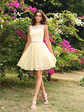 Abiti da Damigella a Linea A/Principessa Scollo Tondo con Pizzo Senza Maniche Corti in Satin Elasticizzato Tessuto