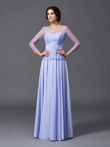 A-Linie/Princess-Linie U-Ausschnitt Rüschen Lange Ärmel Lang Chiffon Brautmutterkleider