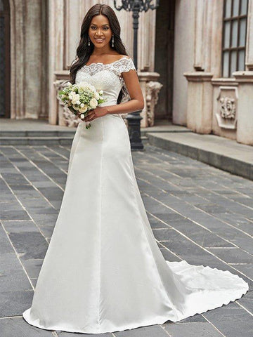A-Linie/Princess-Linie U-Ausschnitt Satin Spitze Ärmellos Kapelle-schleppe Brautkleider
