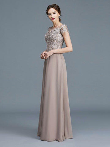 A-Linie/Princess-Linie U-Ausschnitt Kurze Ärmel Applikationen Bodenlang Chiffon Brautmutterkleider