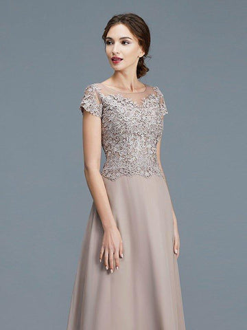 A-Linie/Princess-Linie U-Ausschnitt Kurze Ärmel Applikationen Bodenlang Chiffon Brautmutterkleider