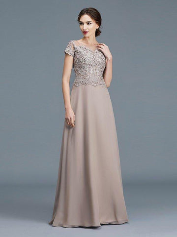 A-Linie/Princess-Linie U-Ausschnitt Kurze Ärmel Applikationen Bodenlang Chiffon Brautmutterkleider