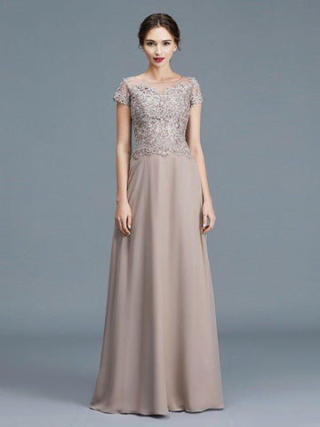 A-Linie/Princess-Linie U-Ausschnitt Kurze Ärmel Applikationen Bodenlang Chiffon Brautmutterkleider