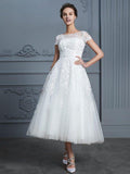A-Line/Principessa Scollo Tondo Maniche Corte Lunghezza Tea con Perline Abiti da Sposa in Tulle