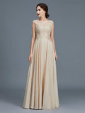 Vestidos de mãe da noiva em linha A/princesa, decote redondo, sem mangas, folhos, chiffon, comprimento até ao chão