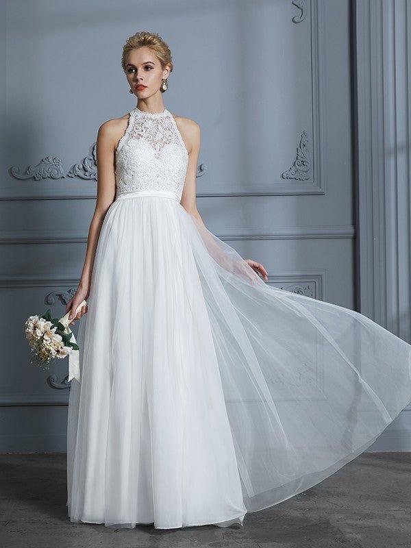 A-Line/Princess Scoop Sleeveless Tulle Floor-Length Wedding Dresses