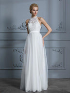 A-Line/Princess Scoop Sleeveless Tulle Floor-Length Wedding Dresses