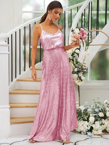 Vestidos de madrinha de casamento com corte princesa, lantejoulas, alças franzidas, sem mangas, comprimento até ao chão