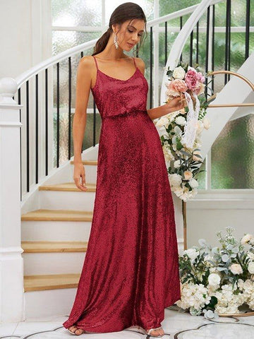 Vestidos de madrinha de casamento com corte princesa, lantejoulas, alças franzidas, sem mangas, comprimento até ao chão