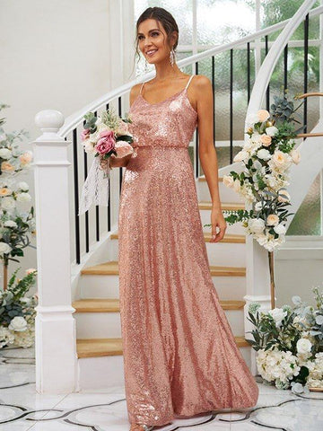 Vestidos de madrinha de casamento com corte princesa, lantejoulas, alças franzidas, sem mangas, comprimento até ao chão