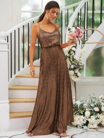 Vestidos de madrinha de casamento com corte princesa, lantejoulas, alças franzidas, sem mangas, comprimento até ao chão