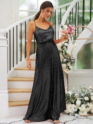 Vestidos de madrinha de casamento com corte princesa, lantejoulas, alças franzidas, sem mangas, comprimento até ao chão