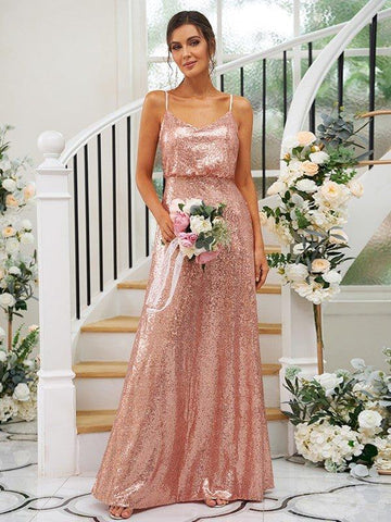 Vestidos de madrinha de casamento com corte princesa, lantejoulas, alças franzidas, sem mangas, comprimento até ao chão