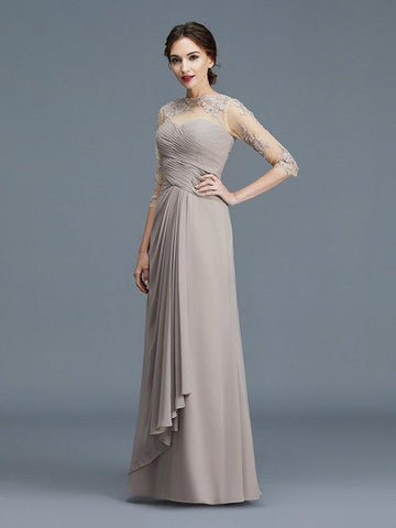 A-Linie/Princess-Linie Sheer Neck 3/4 Ärmel Rüschen Chiffon Bodenlang Kleider für die Brautmutter