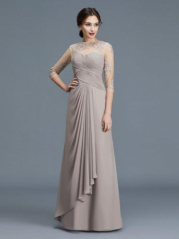 A-Linie/Princess-Linie Sheer Neck 3/4 Ärmel Rüschen Chiffon Bodenlang Kleider für die Brautmutter