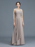 A-Linie/Princess-Linie Sheer Neck 3/4 Ärmel Rüschen Chiffon Bodenlang Kleider für die Brautmutter