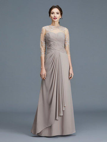A-Linie/Princess-Linie Sheer Neck 3/4 Ärmel Rüschen Chiffon Bodenlang Kleider für die Brautmutter