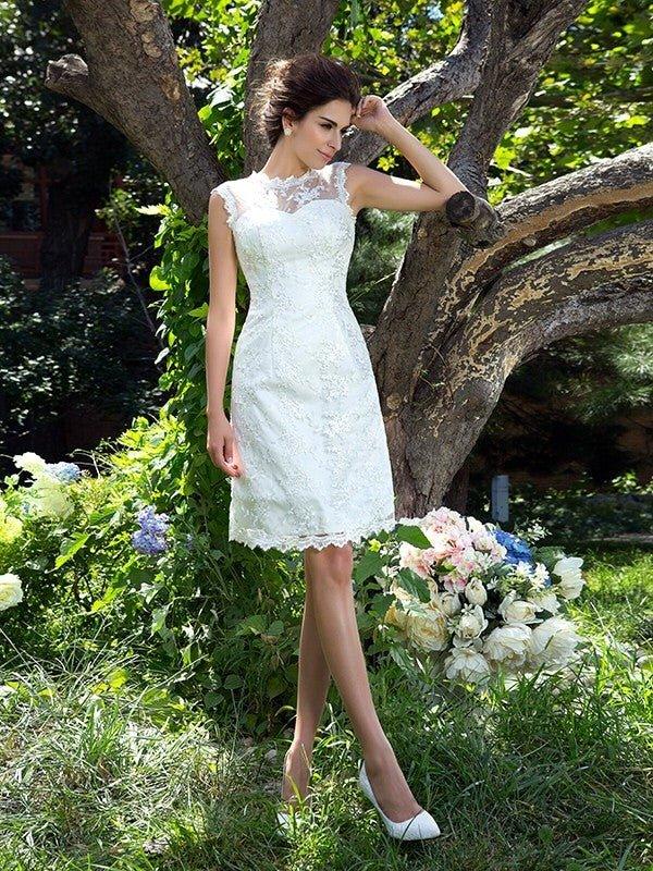 A-Line/Princess Sheer Neck Applique Sleeveless Short Satin Wedding Dresses