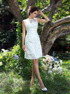 A-Line/Princess Sheer Neck Applique Sleeveless Short Satin Wedding Dresses