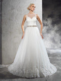 A-Line/Principessa Scollo Trasparente con Perline Senza Maniche Lunghi Abiti da Sposa in Tulle
