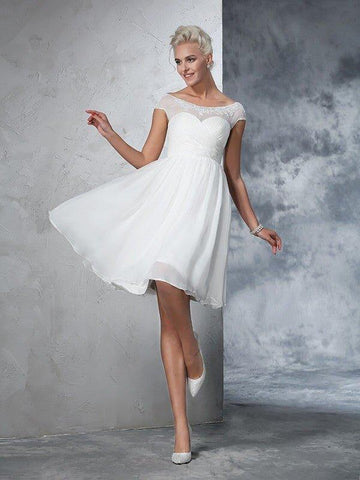 A-Linie/Princess-Linie Reiner Hals Geraffte Kurze Ärmel Kurz Chiffon Brautkleider