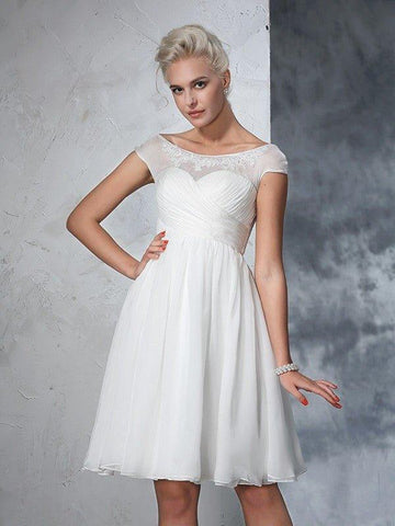 A-Linie/Princess-Linie Reiner Hals Geraffte Kurze Ärmel Kurz Chiffon Brautkleider