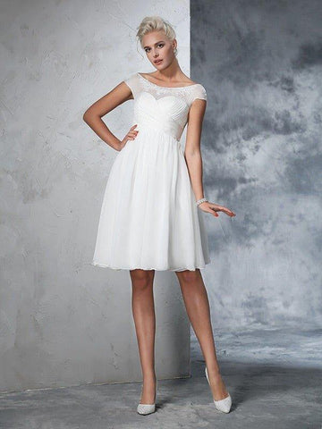A-Linie/Princess-Linie Reiner Hals Geraffte Kurze Ärmel Kurz Chiffon Brautkleider