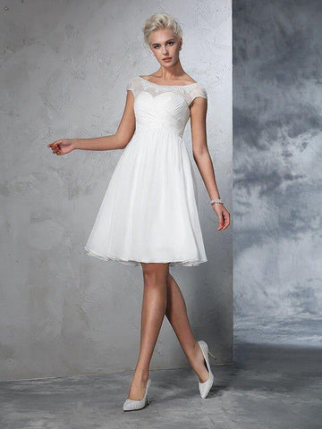 A-Linie/Princess-Linie Reiner Hals Geraffte Kurze Ärmel Kurz Chiffon Brautkleider