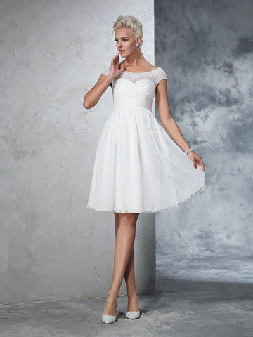 A-Linie/Princess-Linie Reiner Hals Geraffte Kurze Ärmel Kurz Chiffon Brautkleider