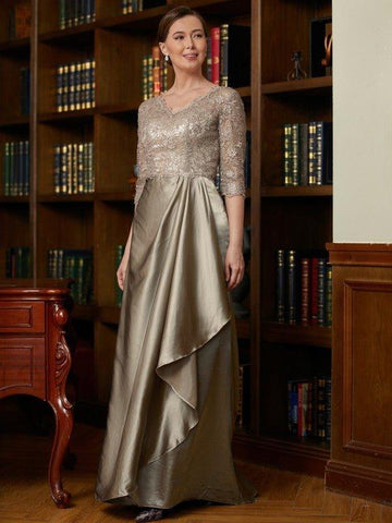 A-Linie/Princess-Linie Seide wie Satin Spitze V-Ausschnitt 3/4-Ärmel Sweep/Pinsel zug Kleider für die Brautmutter