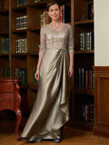 Abito da Sposa per la Madre della Sposa in Satin Similseta con Scollo a V, Maniche ¾, Linea A/Principessa, Pizzo e Strascico Spazzolato
