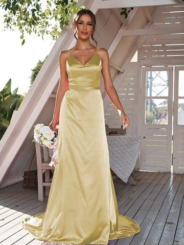 A-Linie/Princess-Linie Seide wie Satin Gerüscht V-Ausschnitt Ärmellos Sweep/Pinsel zug Brautjungfernkleider