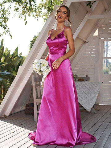 A-Linie/Princess-Linie Seide wie Satin Gerüscht V-Ausschnitt Ärmellos Sweep/Pinsel zug Brautjungfernkleider