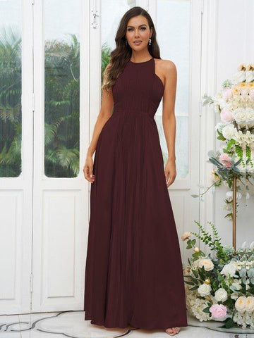 A-Linie/Princess-Linie Seide wie Satin Rüschen Neckholder Ärmellos Bodenlang Brautjungfernkleider