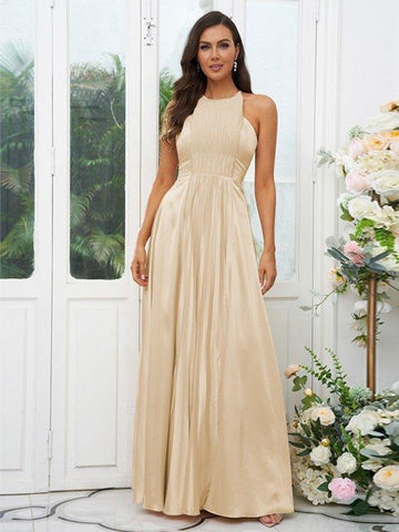 A-Linie/Princess-Linie Seide wie Satin Rüschen Neckholder Ärmellos Bodenlang Brautjungfernkleider