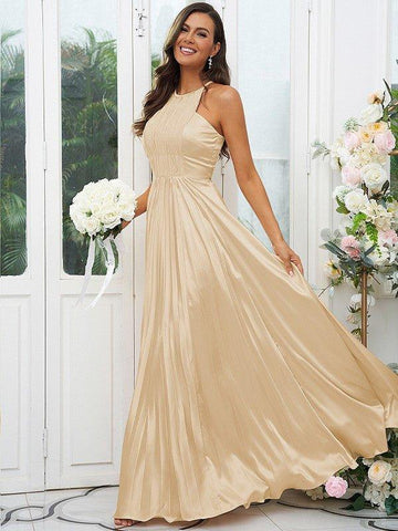 A-Linie/Princess-Linie Seide wie Satin Rüschen Neckholder Ärmellos Bodenlang Brautjungfernkleider