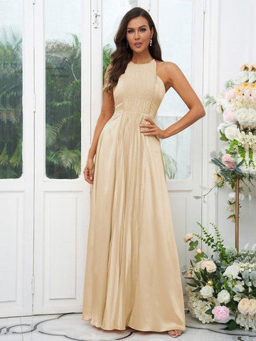 A-Linie/Princess-Linie Seide wie Satin Rüschen Neckholder Ärmellos Bodenlang Brautjungfernkleider